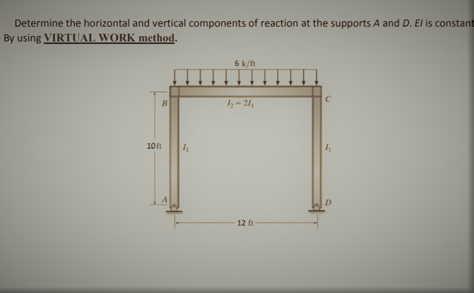 Determine the horizontal and vertical components of reaction at the supports A and D. El is constant
By using VIRTUAL WORK method.
6 k/ft
C
B
I = 211
10 ft
12 ft
