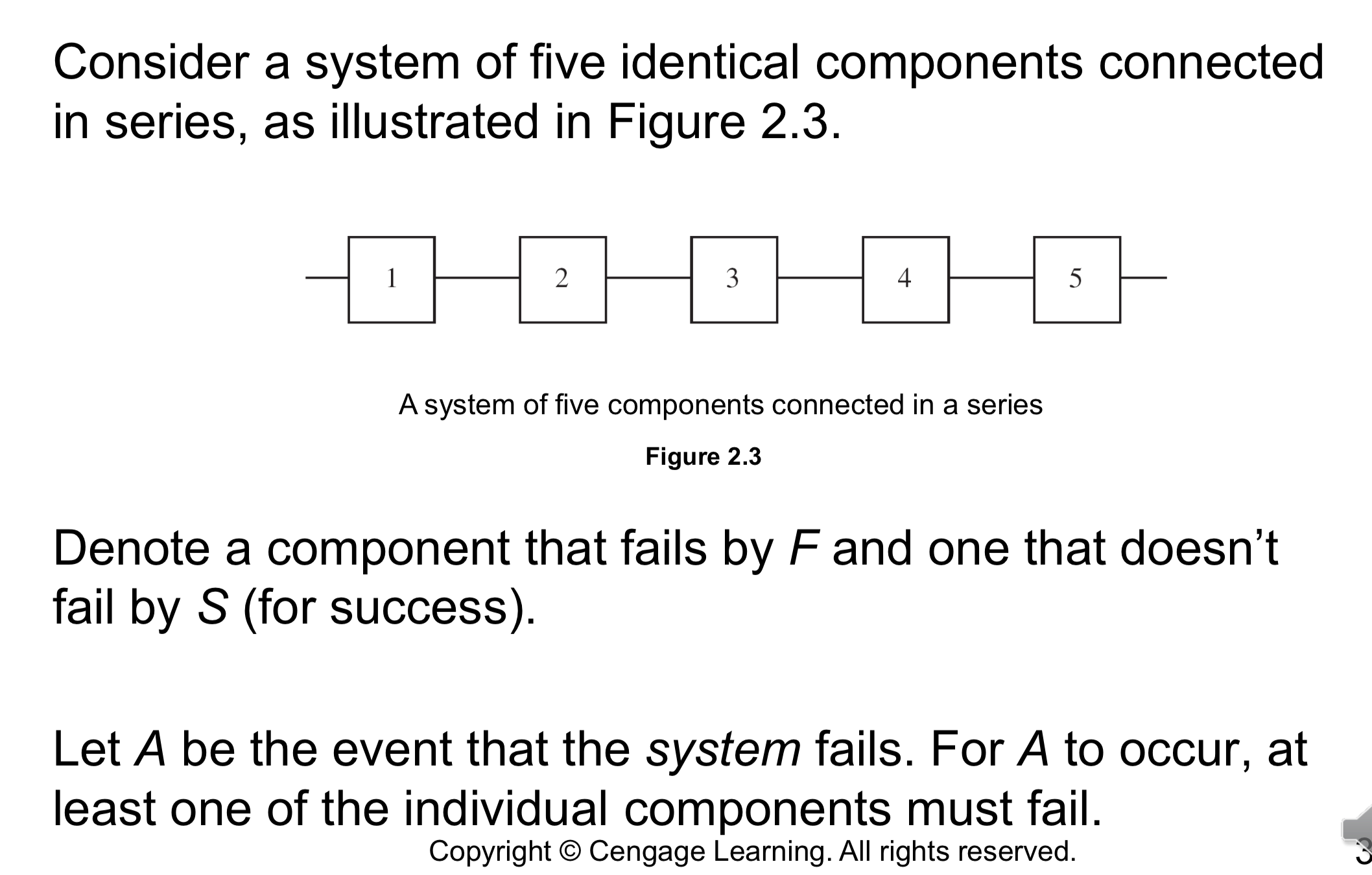 Consider a system of five identical components connected
in series, as illustrated in Figure 2.3.
2
3
4
1
5
A system of five components connected in a series
Figure 2.3
Denote a component that fails by F and one that doesn't
fail by S (for success)
Let A be the event that the system fails. For A to occur, at
least one of the individual components must fail.
Copyright O Cengage Learning. All rights reserved.
