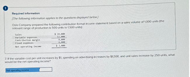 Required information
[The following information applies to the questions displayed below]
Oslo Company prepared the following contribution format income statement based on a sales volume of 1,000 units (the
relevant range of production is 500 units to 1,500 units):
Sales
Variable expenses
Contribution margin
Fixed expenses
Net operating income
$ 20,000
12,000
8,000
6,000
$2,000
7. If the variable cost per unit increases by $1, spending on advertising increases by $1,500, and unit sales increase by 250 units, what
would be the net operating income?
Net operating income
