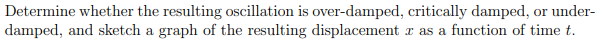 Determine whether the resulting oscillation is over-damped, critically damped, or under-
damped, and sketch a graph of the resulting displacement x as a function of time t.