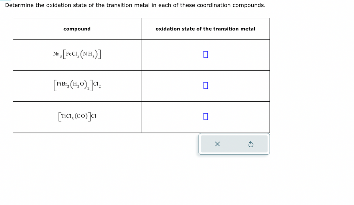 Determine the oxidation state of the transition metal in each of these coordination compounds.
compound
Na,[FeC1,(NH,)]
[P.Br., (H₂O), JC¹₂
[TICI, (CO)] CI
oxidation state of the transition metal
X
Ś