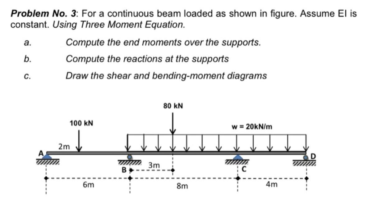 Problem No. 3: For a continuous beam loaded as shown in figure. Assume El is
constant. Using Three Moment Equation.
а.
Compute the end moments over the supports.
b.
Compute the reactions at the supports
С.
Draw the shear and bending-moment diagrams
80 kN
100 kN
w = 20KN/m
2m
3m
В
6m
8m
4m

