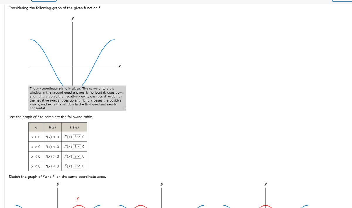 Considering the following graph of the given function f.
у
The xy-coordinate plane is given. The curve enters the
window in the second quadrant nearly horizontal, goes down
and right, crosses the negative x-axis, changes direction on
the negative y-axis, goes up and right, crosses the positive
x-axis, and exits the window in the first quadrant nearly
horizontal.
Use the graph of f to complete the following table.
f(x)
f'(x)
x > 0
f(x) > 0
f'(x) ? v 0
x > 0
f(x) < о
f'(x) ? v 0
x < 0
f(x) > 0
f'(x) ? v 0
x < 0
f(x) < 0
f'(x) ? v 0
Sketch the graph of f and f' on the same coordinate axes.
y
y
y
