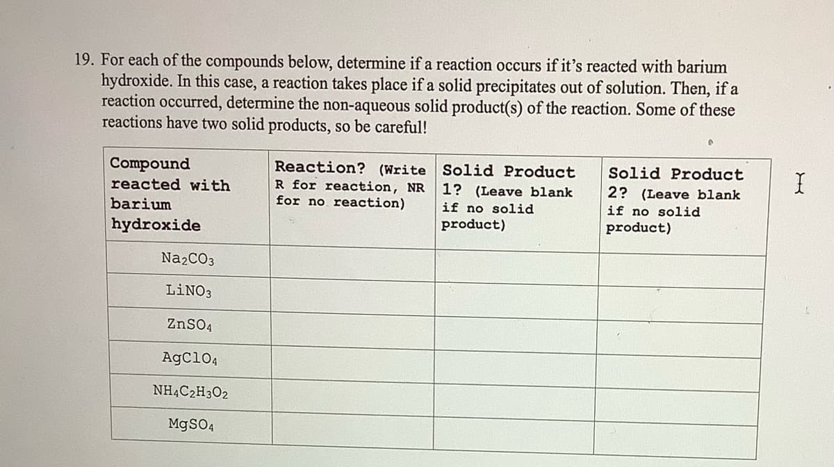19. For each of the compounds below, determine if a reaction occurs if it's reacted with barium
hydroxide. In this case, a reaction takes place if a solid precipitates out of solution. Then, if a
reaction occurred, determine the non-aqueous solid product(s) of the reaction. Some of these
reactions have two solid products, so be careful!
Reaction? (Write Solid Product
1? (Leave blank
Compound
Solid Product
reacted with
barium
R for reaction, NR
for no reaction)
2? (Leave blank
if no solid
if no solid
hydroxide
product)
product)
Na2CO3
LINO3
ZnSO4
AgCl04
NH4C2H3O2
MgSO4
