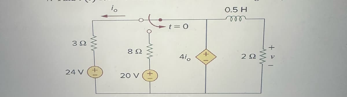 3Ω
24 V +
8Ω
20 V
t = 0
Aio
0.5 Η
2Ω