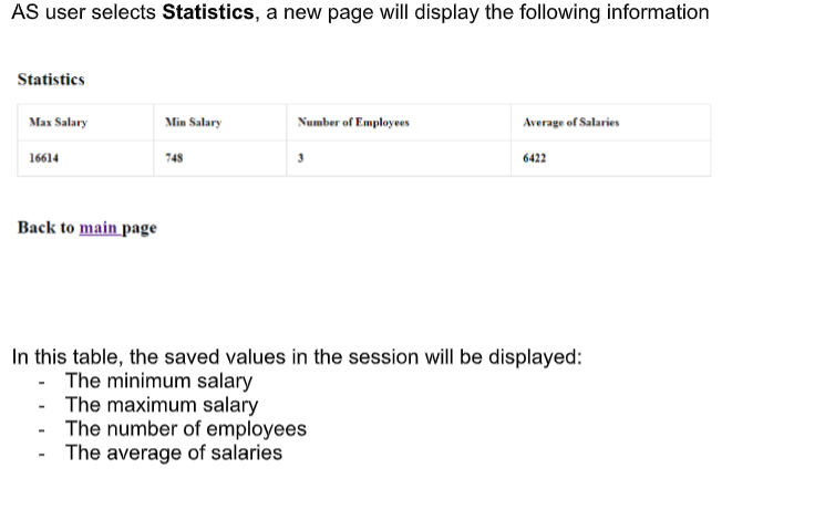 AS user selects Statistics, a new page will display the following information
Statistics
Max Salary
Min Salary
Number of Employees
Average of Salaries
16614
748
3
6422
Back to main page
In this table, the saved values in the session will be displayed:
- The minimum salary
- The maximum salary
The number of employees
The average of salaries