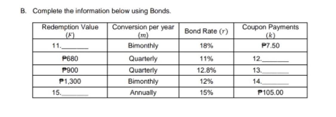 B. Complete the information below using Bonds.
Redemption Value
(F)
Conversion per year
(m)
Bimonthly
Coupon Payments
(k)
Bond Rate (r)
11.
18%
P7.50
P680
Quarterly
11%
12.
P900
Quarterly
12.8%
13.
P1,300
Bimonthly
12%
14.
15.
Annually
15%
P105.00
