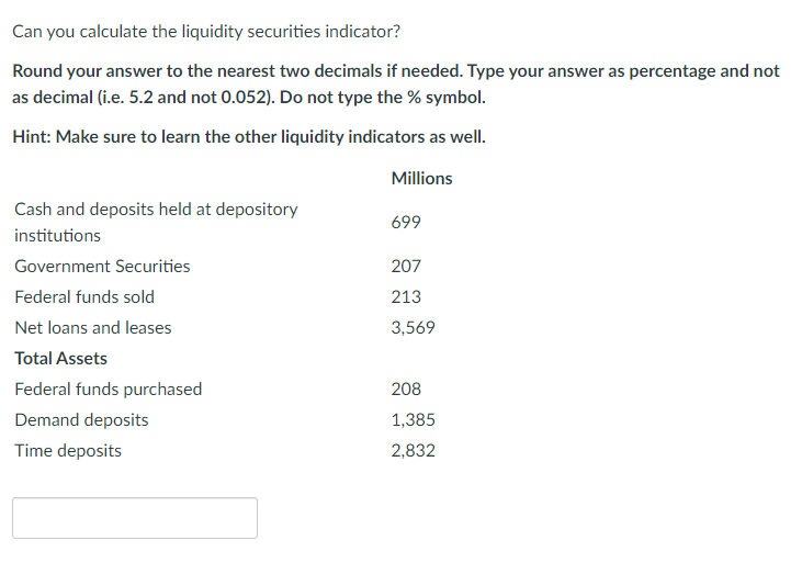 Can you calculate the liquidity securities indicator?
Round your answer to the nearest two decimals if needed. Type your answer as percentage and not
as decimal (i.e. 5.2 and not 0.052). Do not type the % symbol.
Hint: Make sure to learn the other liquidity indicators as well.
Cash and deposits held at depository
institutions
Government Securities
Federal funds sold
Net loans and leases
Total Assets
Federal funds purchased
Demand deposits
Time deposits
Millions
699
207
213
3,569
208
1,385
2,832