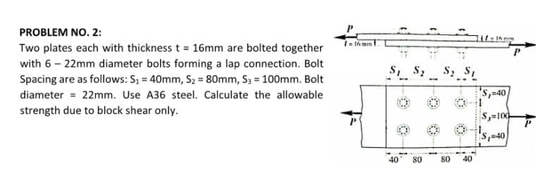PROBLEM NO. 2:
Two plates each with thickness t = 16mm are bolted together
with 6-22mm diameter bolts forming a lap connection. Bolt
Spacing are as follows: S₁ = 40mm, S₂ = 80mm, S3 = 100mm. Bolt
diameter = 22mm. Use A36 steel. Calculate the allowable
strength due to block shear only.
I= 16 mm
S₁ S₂
S₂ S1
40 80 80 40
18-16mm
S-40
S₁-100
S-40