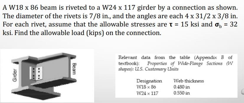 A W18 x 86 beam is riveted to a W24 x 117 girder by a connection as shown.
The diameter of the rivets is 7/8 in., and the angles are each 4 x 31/2 x 3/8 in.
For each rivet, assume that the allowable stresses are t = 15 ksi and ₁ = 32
ksi. Find the allowable load (kips) on the connection.
Girder
Beam
Relevant data from the table (Appendix B of
textbook): Properties of Wide-Flange Sections (W
shapes): U.S. Customary Units
Designation
W18 x 86
W24 x 117
Web thickness
0.480 in
0.550 in
C