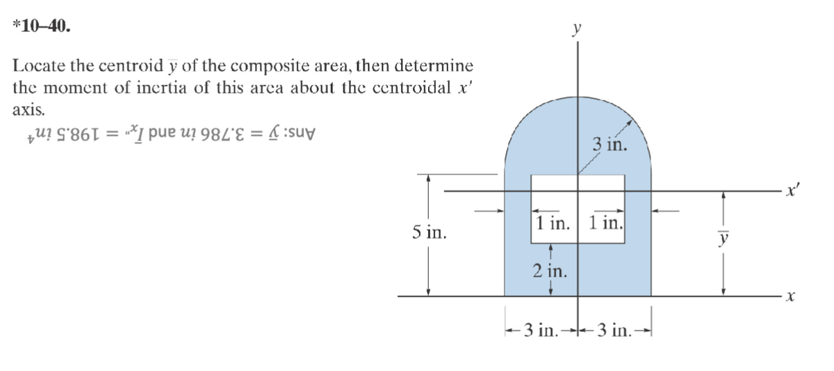 *10-40.
Locate the centroid y of the composite area, then determine
the moment of inertia of this area about the centroidal x'
axis.
86=1
=
3 in.
1 in. 1 in.
5 in.
y
2 in.
1
3 in.3 in.-
x