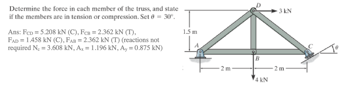 Determine the force in each member of the truss, and state
if the members are in tension or compression. Set 0 = 30°.
Ans: FCD = 5.208 kN (C), FCB = 2.362 kN (T),
FAD = 1.458 kN (C), FAB = 2.362 kN (T) (reactions not
required Nc = 3.608 kN, Ax = 1.196 kN, Ay = 0.875 kN)
1.5 m
2 m
B
4 kN
3 kN
m
剔