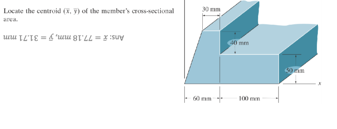 Locate the centroid (x, y) of the member's cross-sectional
area.
uri ILIC = ( huu BILL = x :suy
30 mm
40 mm
60 mm-
100 mm
50 mm