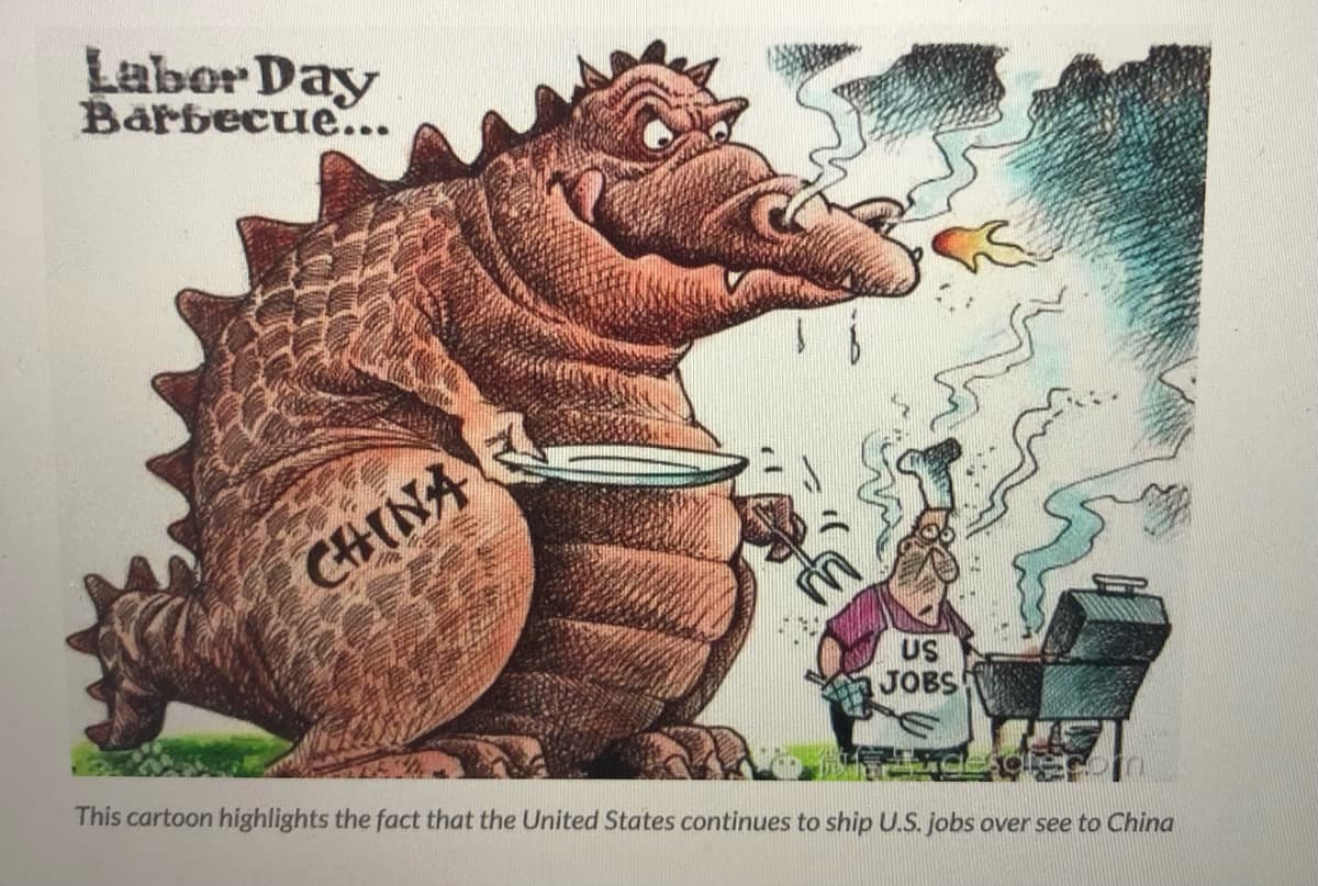 Labor Day
Barbecue...
CHINA
US
JOBS
Lide
This cartoon highlights the fact that the United States continues to ship U.S. jobs over see to China