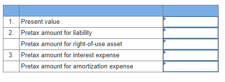 1. Present value
2. Pretax amount for liability
Pretax amount for right-of-use asset
3. Pretax amount for interest expense
Pretax amount for amortization expense
