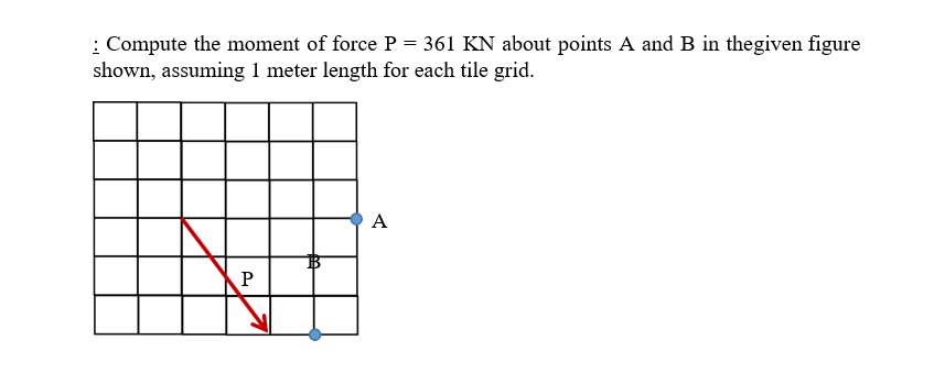 : Compute the moment of force P = 361 KN about points A and B in thegiven figure
shown, assuming 1 meter length for each tile grid.
A
P
