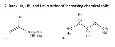 2. Rank Ha, Hb, and Hc in order of increasing chemical shift.
Hb
Hc
H2
H3C
CH3
Hd
OCH2CH3
Hb Ha
На
Не
а.
b.
