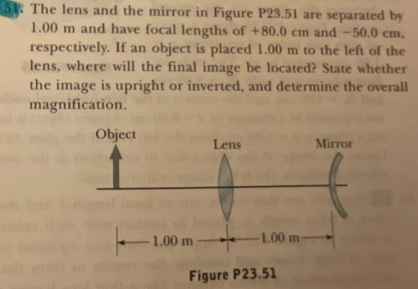 51 The lens and the mirror in Figure P23.51 are separated by
1.00 m and have focal lengths of +80.0 cm and -50.0 cm,
respectively. If an object is placed 1.00 m to the left of the
lens, where will the final image be located? State whether
the image is upright or inverted, and determine the overall
magnification.
Object
1.00 m-
Lens
-1.00 m-
Figure P23.51
Mirror