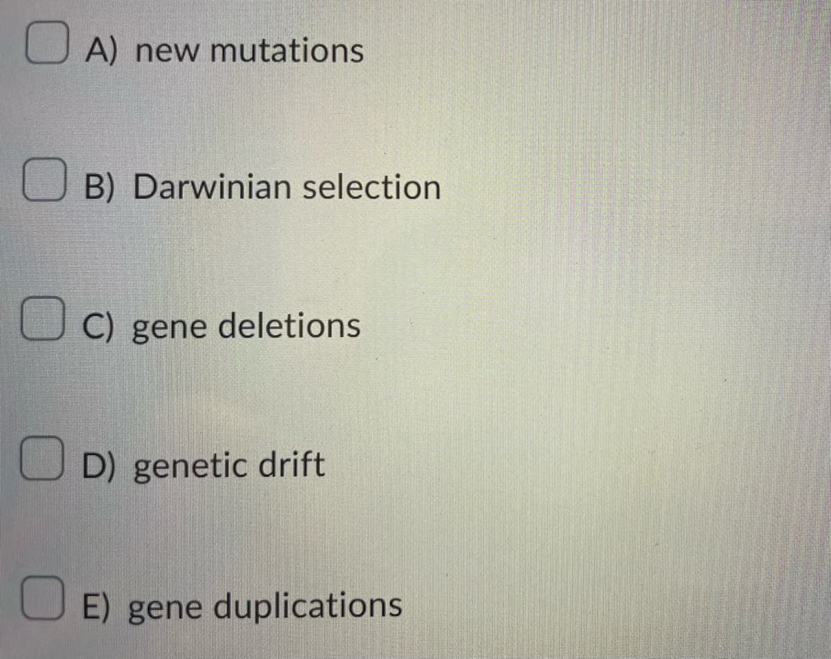 U A) new mutations
U B) Darwinian selection
C) gene deletions
D) genetic drift
E) gene duplications
