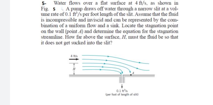 5- Water flows over a flat surface at 4 ft/s, as shown in
Fig. 5 . A pump draws off water through a narrow slit at a vol-
ume rate of 0.1 ft/s per foot length of the slit. Assume that the fluid
is incompressible and inviscid and can be represented by the com-
bination of a uniform flow and a sink. Locate the stagnation point
on the wall (point A) and determine the equation for the stagnation
streamline. How far above the surface, H, must the fluid be so that
it does not get sucked into the slit?
4 ft/s
0.1 fts
(per foot of length of slit)
