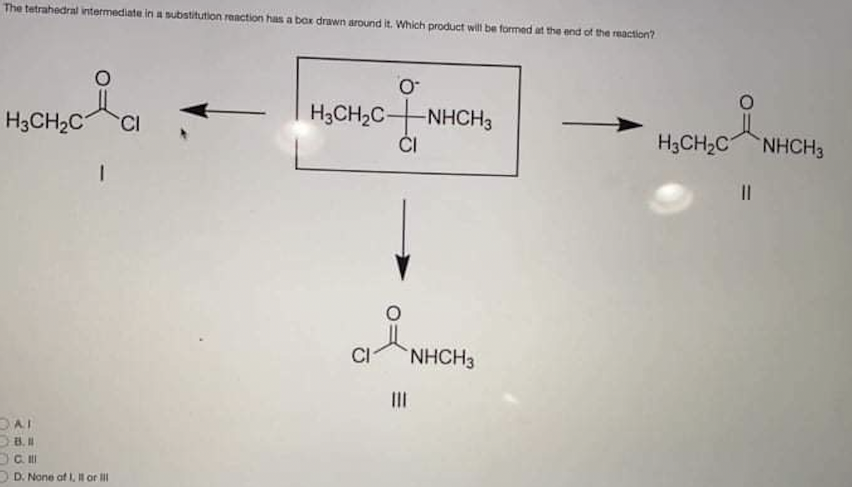 The tetrahedral intermediate in a substitution reaction has a box drawn around it. Which product will be formed at the end of the reaction?
H3CH₂C
I
DAI
8.
C. Ill
D. None of I, II or Ill
CI
H3CH₂C-
O
CI
-NHCH3
адинск
NHCH3
H3CH₂C
NHCH3