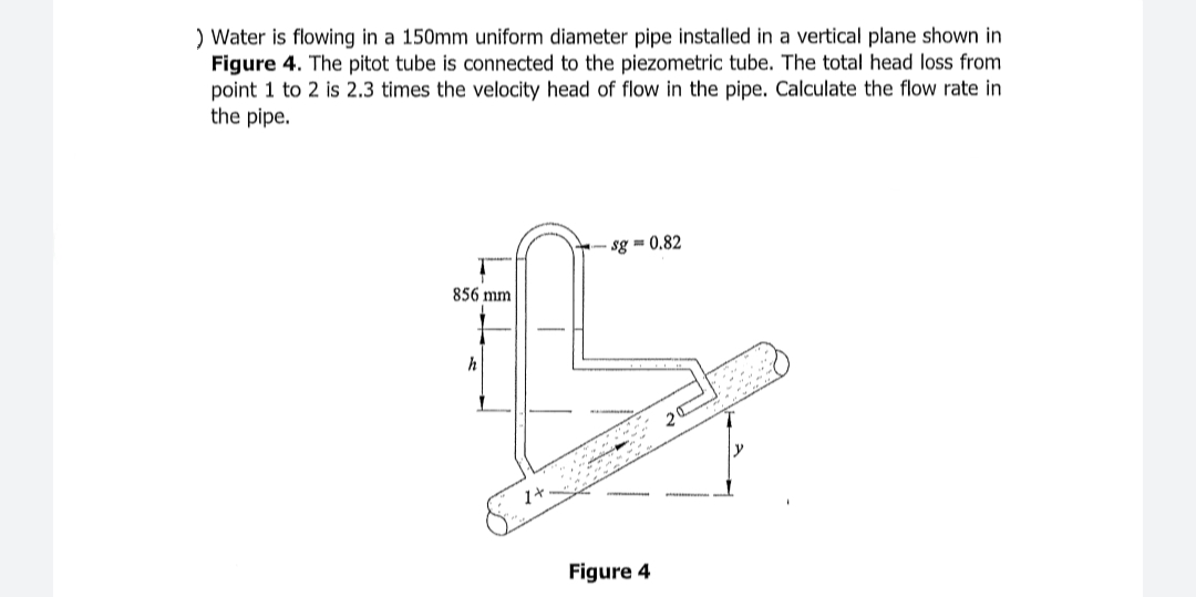 ) Water is flowing in a 150mm uniform diameter pipe installed in a vertical plane shown in
Figure 4. The pitot tube is connected to the piezometric tube. The total head loss from
point 1 to 2 is 2.3 times the velocity head of flow in the pipe. Calculate the flow rate in
the pipe.
sg = 0.82
856 mm
h
Figure 4
