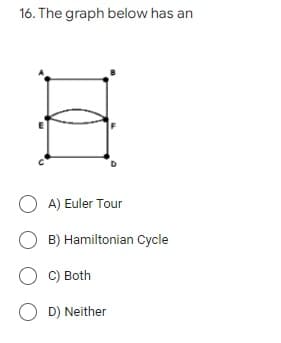 16. The graph below has an
OA) Euler Tour
OB) Hamiltonian Cycle
C) Both
OD) Neither