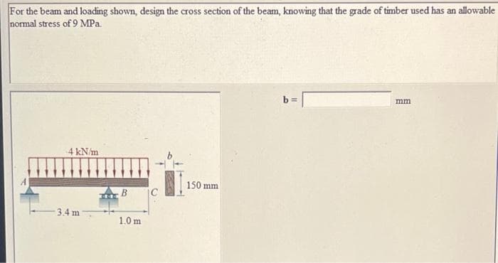 For the beam and loading shown, design the cross section of the beam, knowing that the grade of timber used has an allowable
normal stress of 9 MPa.
b =
mm
4 kN/m
150 mm
3.4 m
1.0 m
