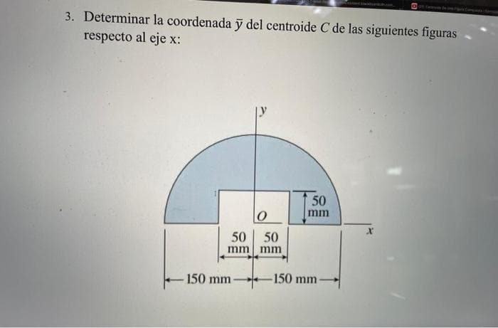 3. Determinar la coordenada ỹ del centroide C de las siguientes figuras
respecto al eje x:
50
mm
50
50
mm
150 mm
-150 mm
