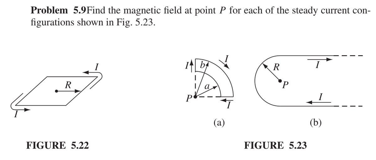 Problem 5.9Find the magnetic field at point P for each of the steady current con-
figurations shown in Fig. 5.23.
R
FIGURE 5.22
1/ a
(a)
R
FIGURE 5.23
(b)