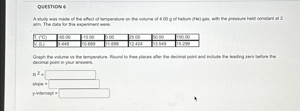 QUESTION 6
A study was made of the effect of temperature on the volume of 4.00 g of helium (He) gas, with the pressure held constant at 2
atm. The data for this experiment were:
T, (°C)
V. (L)
-50.00
9.449
R2=
slope =
y-intercept =
-10.00
10.689
0.00
11.699
25.00
12.424
50.00
13.549
100.00
15.299
Graph the volume vs the temperature. Round to thee places after the decimal point and include the leading zero before the
decimal point in your answers.