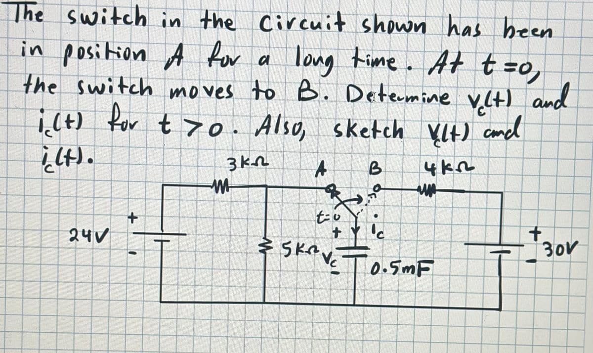 The switch in the Circuit shown has been.
in position A for a long time. At t=0,
the switch moves to B. Determine V(+) and
i(t) for t>o. Also, sketch Vlt) and
i(t).
B
4k2
24V
+
H
3k
M
A
A
t=u
+
& SKAVE
Ic
ww
0.5mF
+
30V