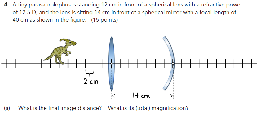 4. A tiny parasaurolophus is standing 12 cm in front of a spherical lens with a refractive power
of 12.5 D, and the lens is sitting 14 cm in front of a spherical mirror with a focal length of
40 cm as shown in the figure. (15 points)
(a)
لها
2 cm
-14 cm-
What is the final image distance? What is its (total) magnification?