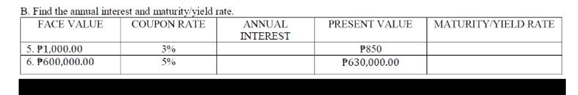 B. Find the annual interest and maturity/yield rate.
FACE VALUE
COUPON RATE
ANNUAL
PRESENT VALUE
MATURITY/YIELD RATE
INTEREST
5. P1,000.00
3%
P850
6. P600,000.00
5%
P630,000.00
