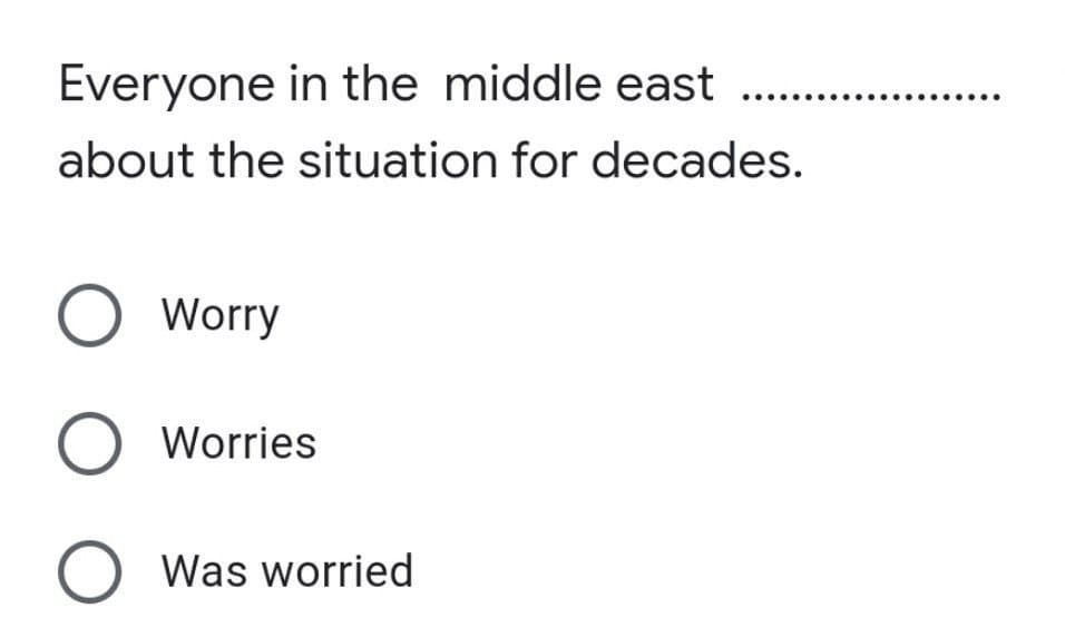 Everyone in the middle east
about the situation for decades.
O Worry
Worries
Was worried
