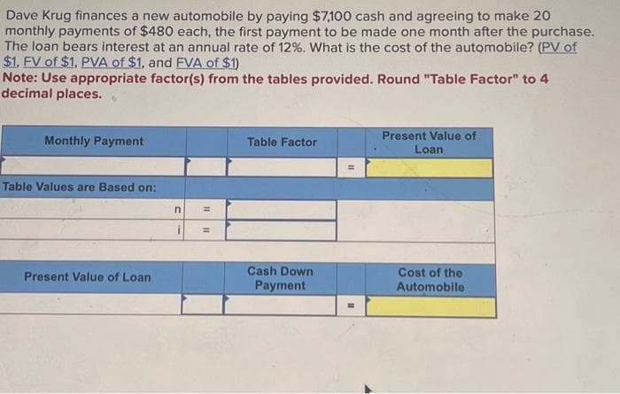 Dave Krug finances a new automobile by paying $7,100 cash and agreeing to make 20
monthly payments of $480 each, the first payment to be made one month after the purchase.
The loan bears interest at an annual rate of 12%. What is the cost of the automobile? (PV of
$1. FV of $1. PVA of $1, and FVA of $1)
Note: Use appropriate factor(s) from the tables provided. Round "Table Factor" to 4
decimal places.
Monthly Payment
Table Values are Based on:
Present Value of Loan
n
=
=
Table Factor
Cash Down
Payment
Present Value of
Loan
Cost of the
Automobile