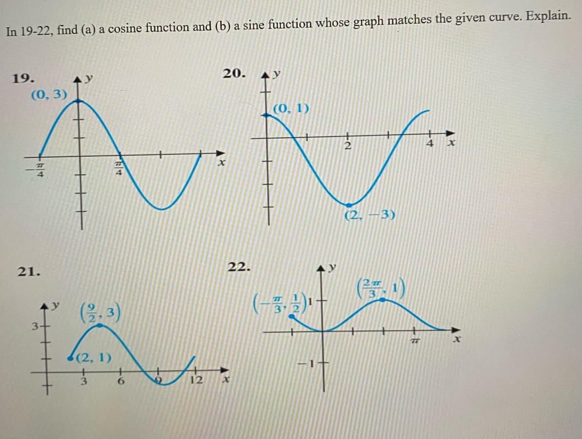 In 19-22, find (a) a cosine function and (b) a sine function whose graph matches the given curve. Explain.
19.
(0, 3)
音
21.
3-
y
(2.3)
(2, 1)
6
12
20.
x
22.
AV
(0, 1)
2
(2.-3)
4