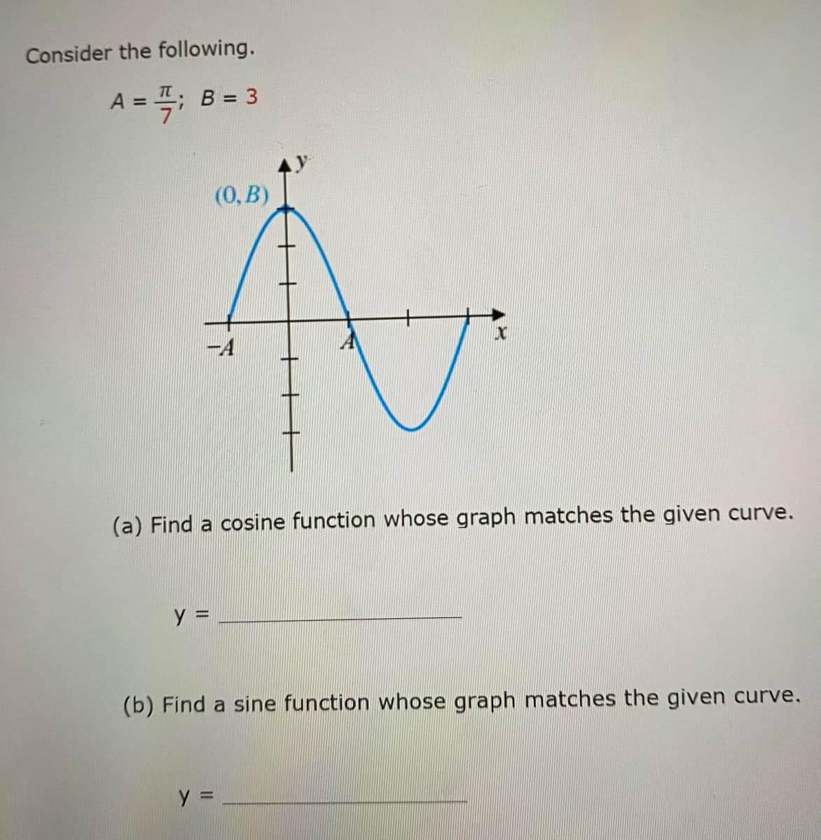 Consider the following.
A = 1; B = 3
(0,B)
y =
A
X
(a) Find a cosine function whose graph matches the given curve.
(b) Find a sine function whose graph matches the given curve.