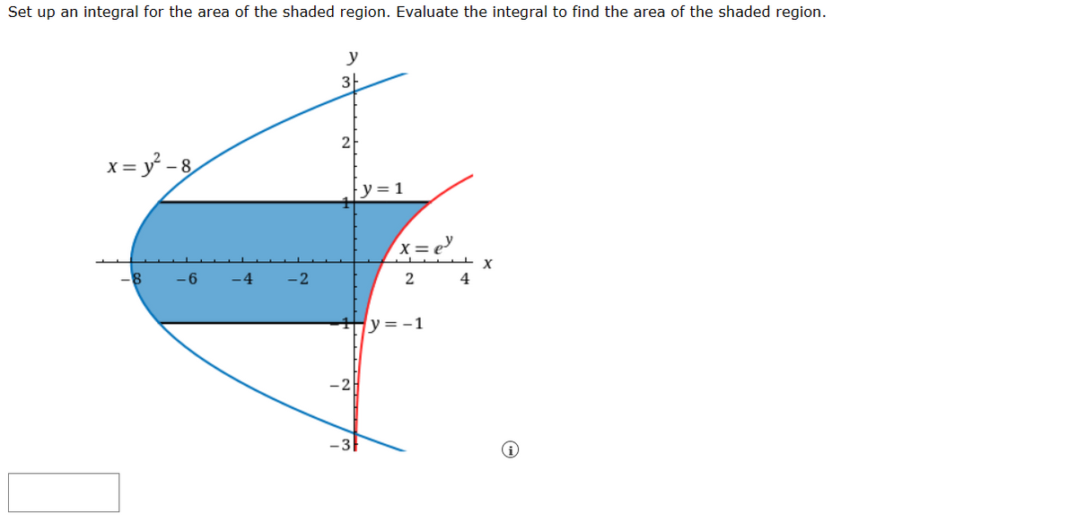 Set up an integral for the area of the shaded region. Evaluate the integral to find the area of the shaded region.
y
3
x=y²-8
2
y=1
x=e
x
-8
-6
-4
-2
2 4
-2
-3F
y=-1