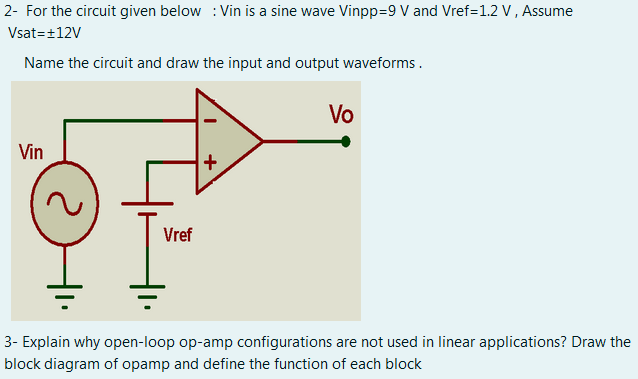 2- For the circuit given below : Vin is a sine wave Vinpp=9 V and Vref=1.2 V , Assume
Vsat=+12V
Name the circuit and draw the input and output waveforms.
Vo
Vin
Vref
3- Explain why open-loop op-amp configurations are not used in linear applications? Draw the
block diagram of opamp and define the function of each block
