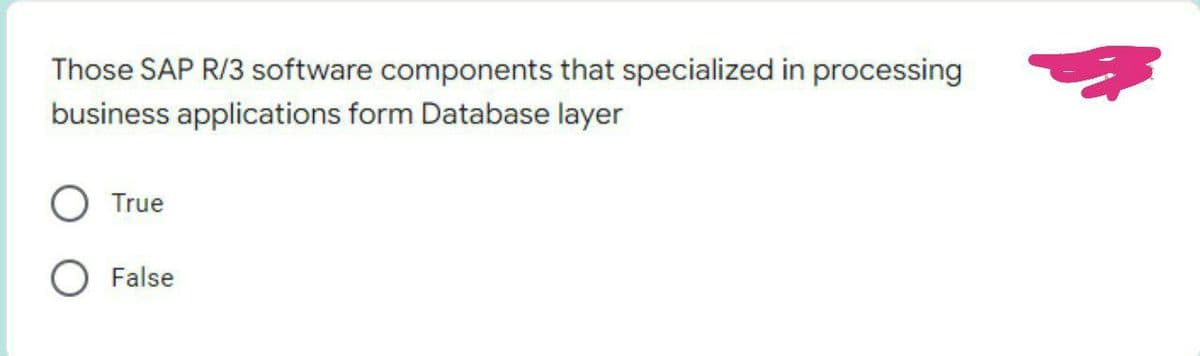 Those SAP R/3 software components that specialized in processing
business applications form Database layer
True
False