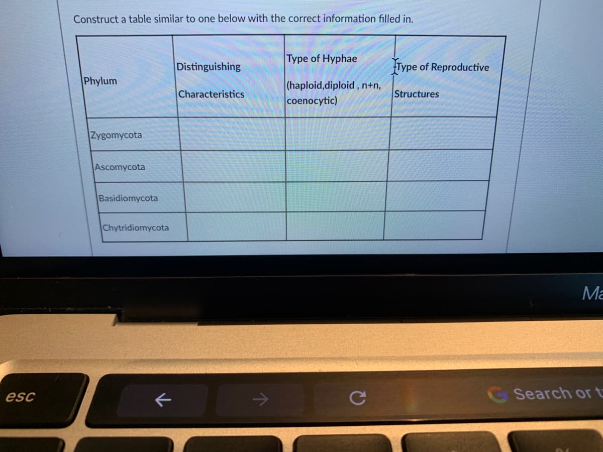 Construct a table similar to one below with the correct information filled in.
Type of Hyphae
Distinguishing
Type of Reproductive
Phylum
(haploid,diploid, n+n,
coenocytic)
Characteristics
Structures
Zygomycota
Ascomycota
Basidiomycota
Chytridiomycota
Ma
esc
GSearch or t
