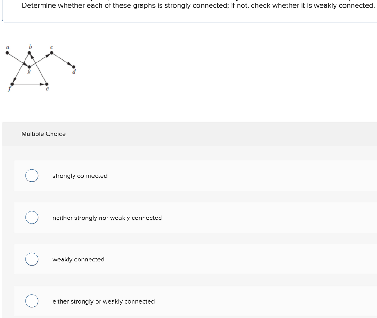 a
Determine whether each of these graphs is strongly connected; if not, check whether it is weakly connected.
g
Multiple Choice
strongly connected
neither strongly nor weakly connected
weakly connected
either strongly or weakly connected