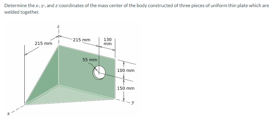 Determine the x-, y-, and z-coordinates of the mass center of the body constructed of three pieces of uniform thin plate which are
welded together.
215 mm
215 mm.
55 mm
130
mm
100 mm
150 mm
-y