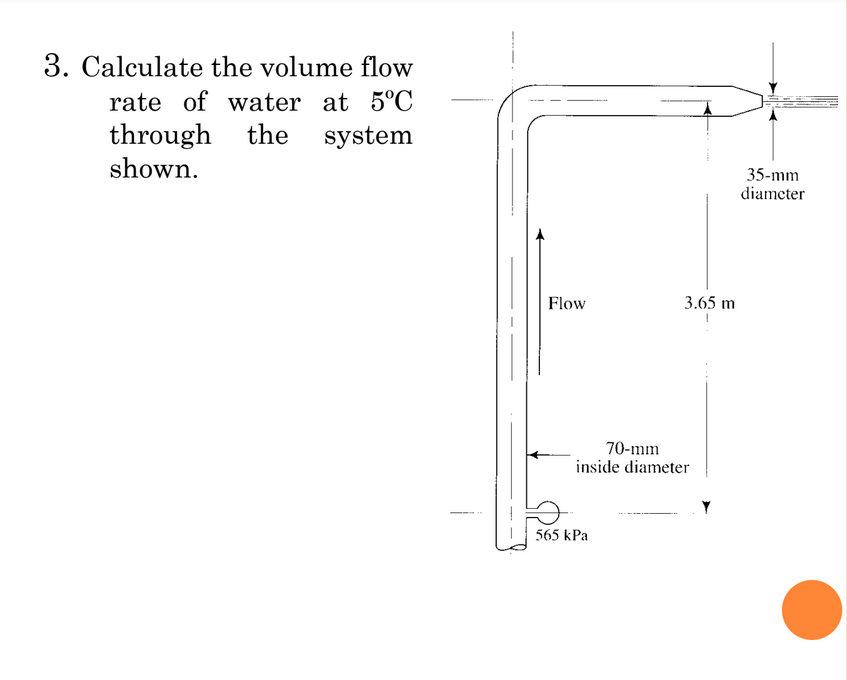 3. Calculate the volume flow
rate of water at 5°C
through the
shown.
system
35-mm
diameter
Flow
3.65 m
70-mm
inside diameter
565 kPa
