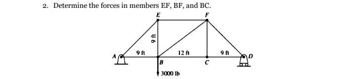 2. Determine the forces in members EF, BF, and BC.
E
F
9 ft
12 f
9 fi
D.
B
3000 Ib
