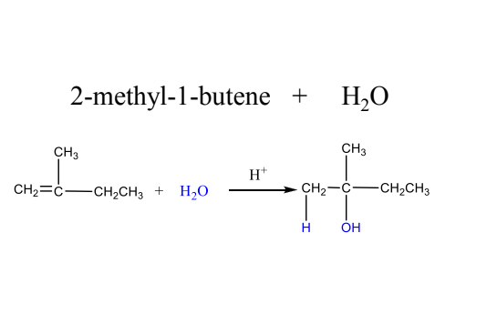 2-methyl-1-butene +
H,O
CH3
CH3
H*
CH2=ċ-CH,CH3 + H20
CH2-C
-CH2CH3
ÓH
