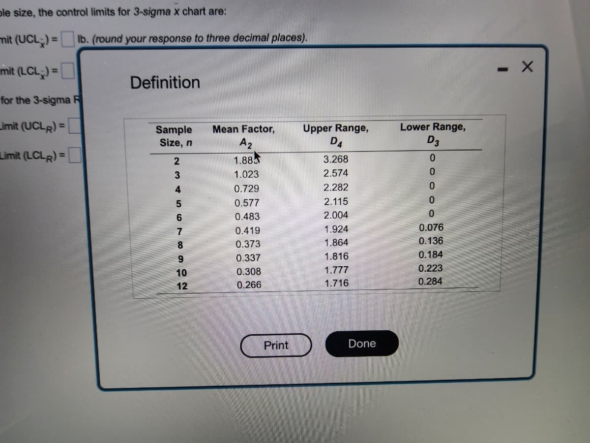 ble size, the control limits for 3-sigma x chart are:
mit (UCL) = lb. (round your response to three decimal places).
mit (LCL) =
for the 3-sigma R
imit (UCLR)=
Limit (LCLR)=
Definition
Sample
Size, n
2345678982
10
12
Mean Factor,
A2
1.88
1.023
0.729
0.577
0.483
0.419
0.373
0.337
0.308
0.266
Print
Upper Range,
4
3.268
2.574
2.282
2.115
2.004
1.924
1.864
1.816
1.777
1.716
Done
Lower Range,
D3
0
0
0
0
0
0.076
0.136
0.184
0.223
0.284
- X