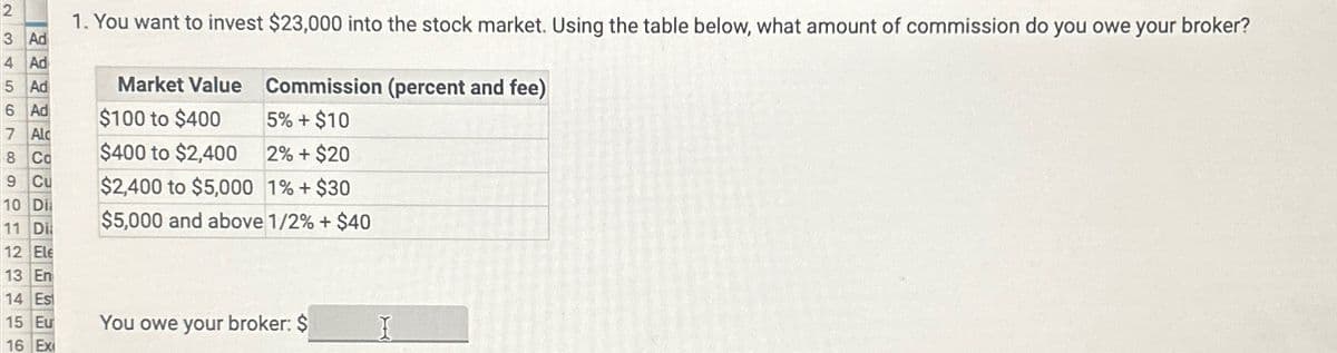 2
3 Ad
4 Ad
5 Ad
1. You want to invest $23,000 into the stock market. Using the table below, what amount of commission do you owe your broker?
Market Value Commission (percent and fee)
6 Ad
$100 to $400
7 Alc
8 Co
$400 to $2,400
9
Cu
10 Di
11 Di
12 Ele
5% + $10
2% +$20
$2,400 to $5,000 1% + $30
$5,000 and above 1/2% + $40
13 En
14 Es
15 Eu
You owe your broker: $
I
16 Ex