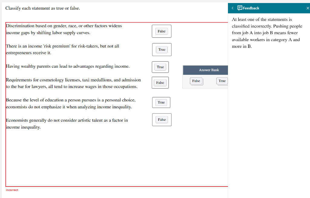 Classify each statement as true or false.
< O Feedback
At least one of the statements is
Discrimination based on gender, race, or other factors widens
classified incorrectly. Pushing people
False
income gaps by shifting labor supply curves.
from job A into job B means fewer
available workers in category A and
There is an income 'risk premium' for risk-takers, but not all
entrepreneurs receive it.
more in B.
True
Having wealthy parents can lead to advantages regarding income.
True
Answer Bank
Requirements for cosmetology licenses, taxi medallions, and admission
to the bar for lawyers, all tend to increase wages in those occupations.
False
True
False
Because the level of education a person pursues is a personal choice,
economists do not emphasize it when analyzing income inequality.
True
Economists generally do not consider artistic talent as a factor in
income inequality.
False
Incorrect
